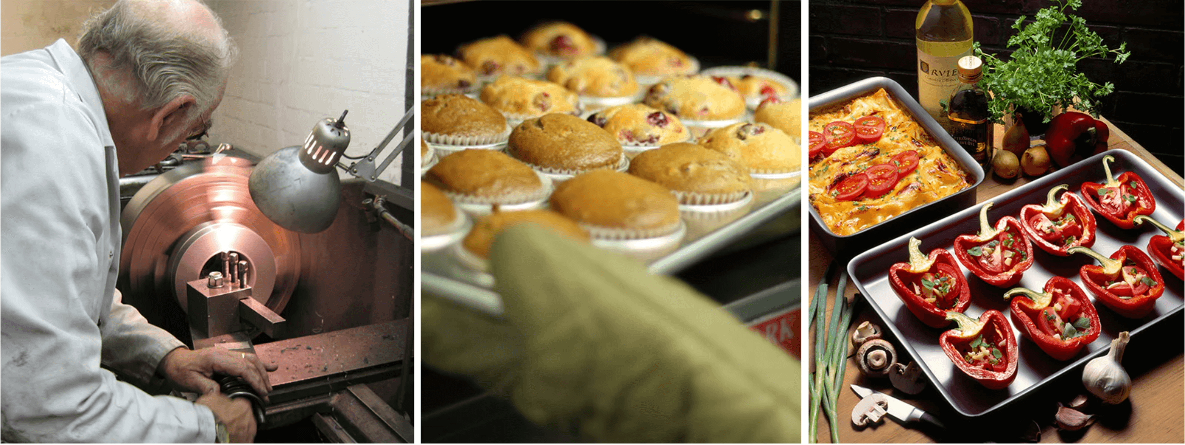 A montage of three shots next to each other showing someone making Silverwood Bakeware with a tool, a tray of fruit muffins in a tray and some stuffed peppers and a pasta bake with some tomatoes on top in silverwood roasting trays. 